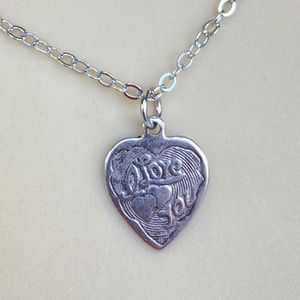 I Love You Heart Charm Necklace, Handmade,  Antique Silver 18" Long, 1970-80s.